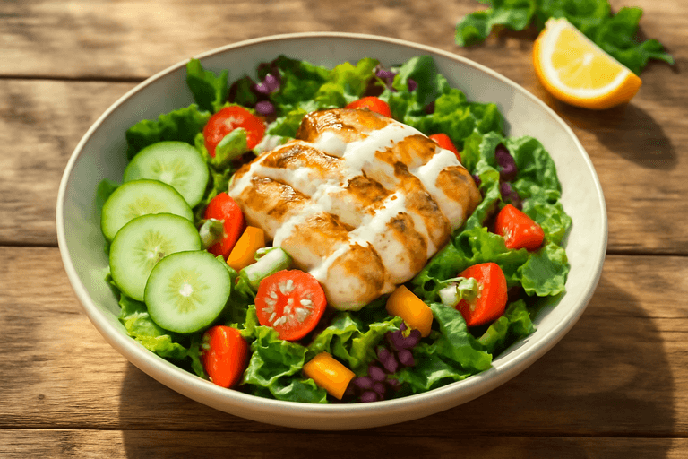 Легкий куриный салат с овощами и йогуртовой заправкой