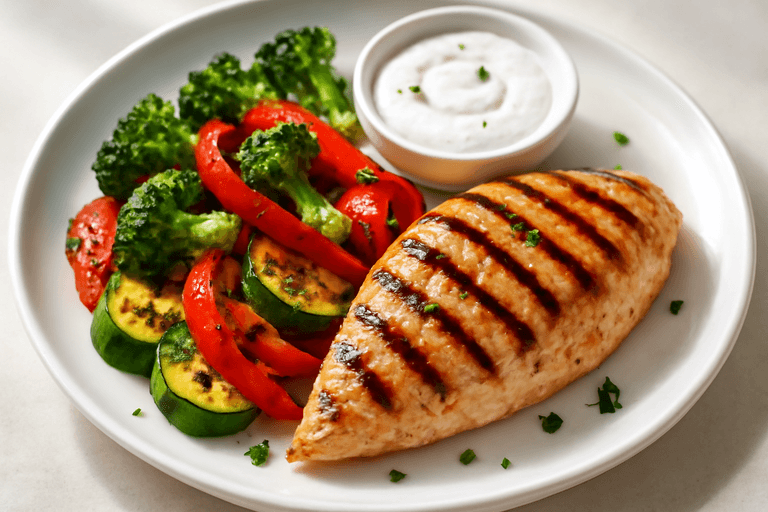 Куриное филе с овощами на гриле и нежным соусом из йогурта