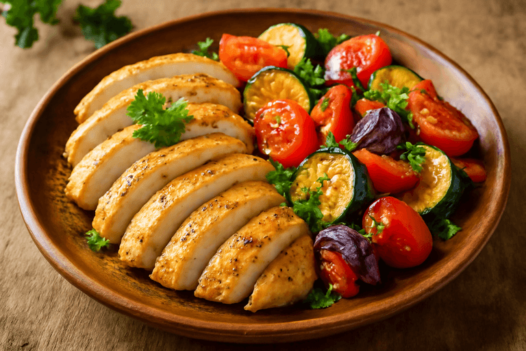 Piept de pui la grătar cu legume mediteraneene