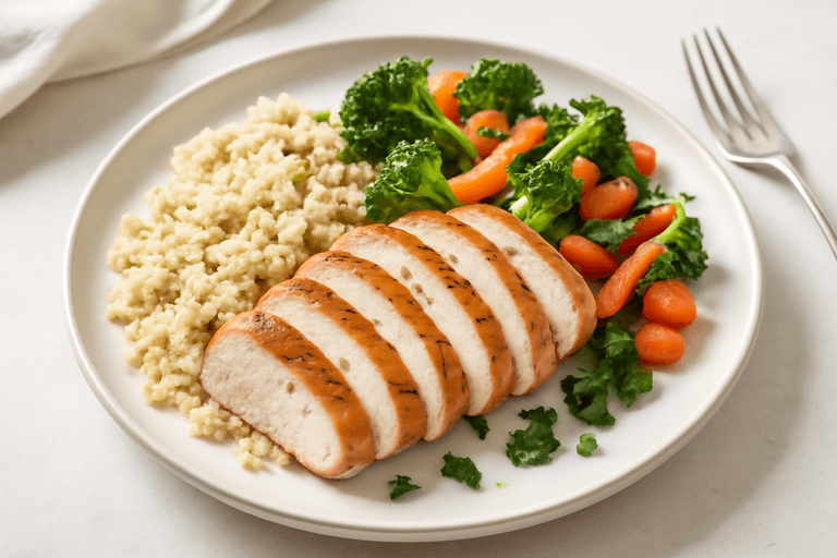Gegrilltes Hähnchenbrustfilet mit buntem Gemüse und Quinoa