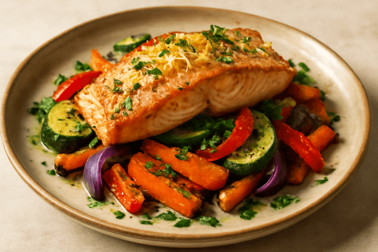 Salmón al Horno con Verduras Asadas y Limón