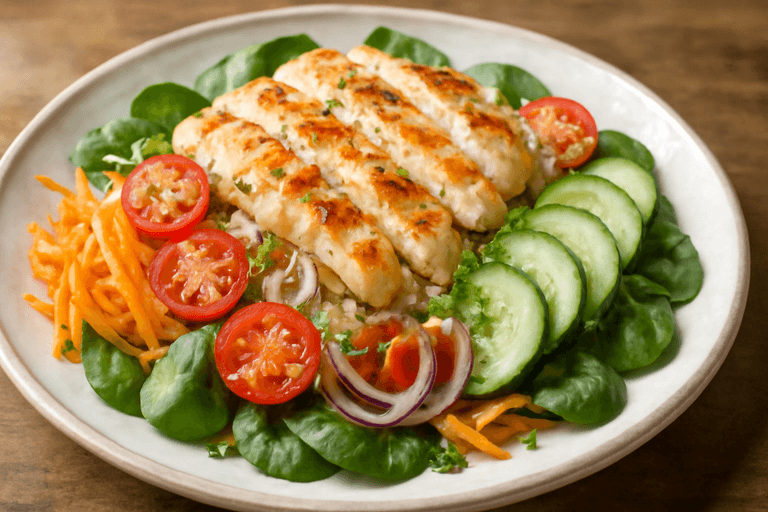 Ensalada fresca de pollo a la parrilla con vegetales y quinoa