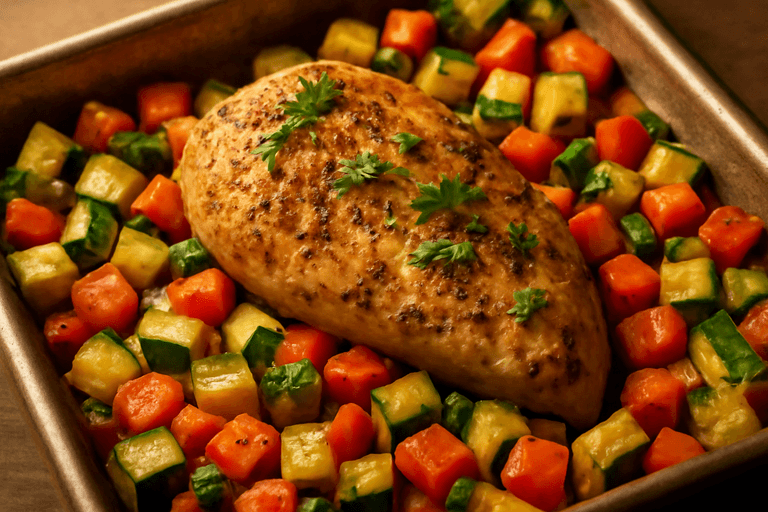 Poulet rôti aux herbes et légumes colorés