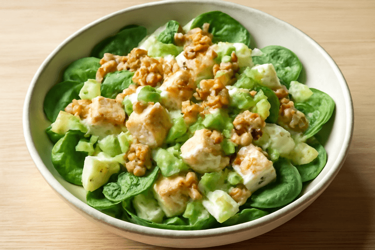 Kremet kyllingsalat med frisk spinat og eple