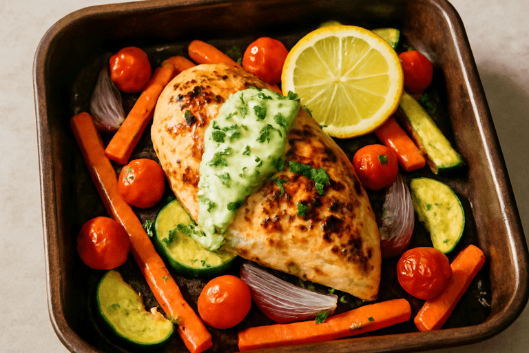 Saftig kyllingfilet med ovnsbakte grønnsaker og frisk urtedressing