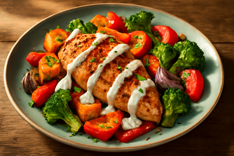 Grillad kyckling med ugnsrostade grönsaker och citronyoghurt