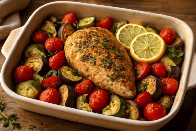 Pollo al horno con verduras mediterráneas