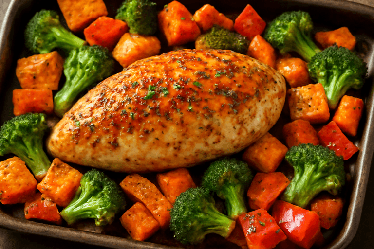 Kipfilet met geroosterde groenten en zoete aardappel