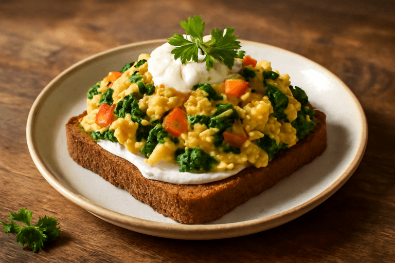 Proteinreiches Rührei mit Blattspinat und Vollkornbrot