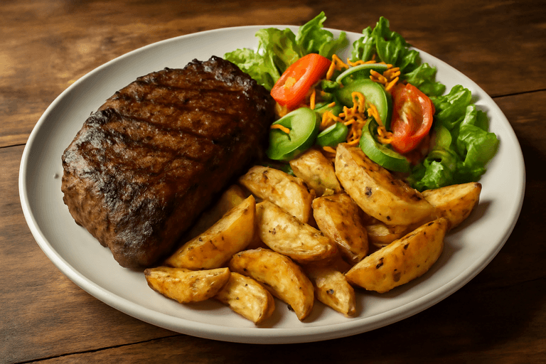 Filete de res a la plancha con papas asadas y ensalada fresca