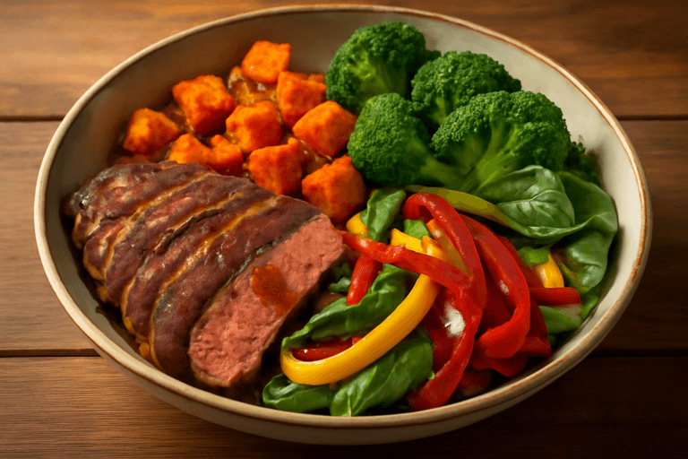 Herzhafte Rindersteak-Bowl mit Gemüse & Süßkartoffeln