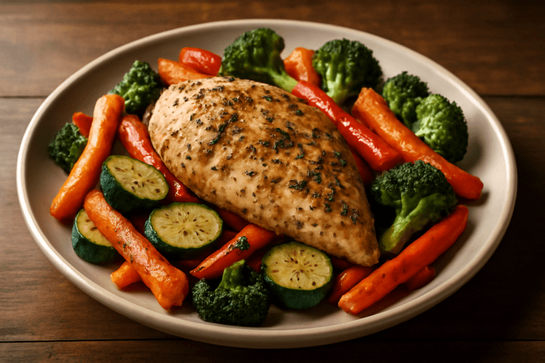 Poulet rôti aux herbes et légumes colorés
