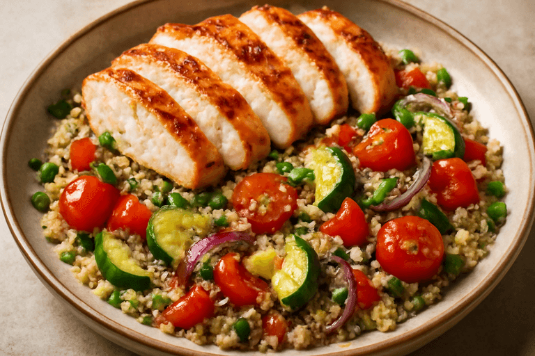 Kipfilet met geroosterde groenten en quinoa