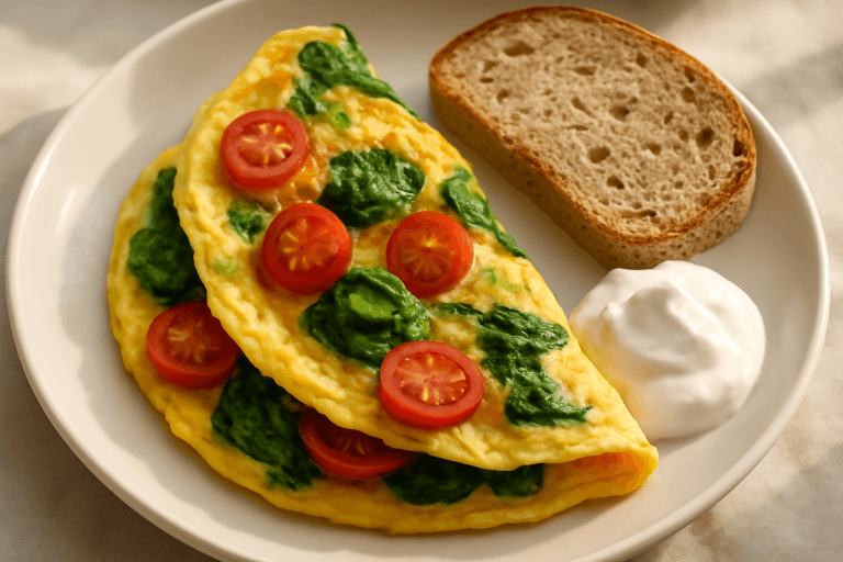 Omletă clasică cu spanac și roșii