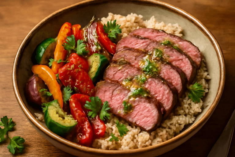 Herzhafte Rindfleisch-Bowl mit Ofengemüse & Quinoa