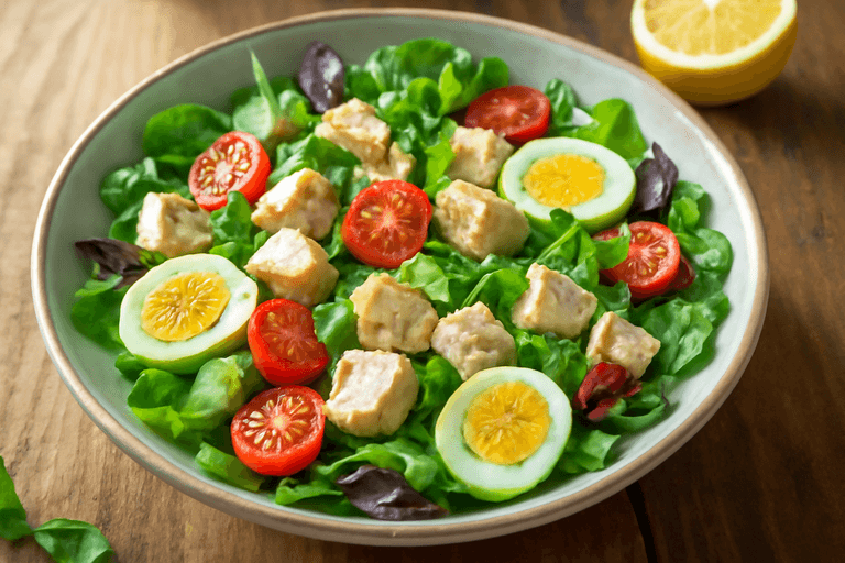 Лёгкий куриный салат с яйцом и овощами