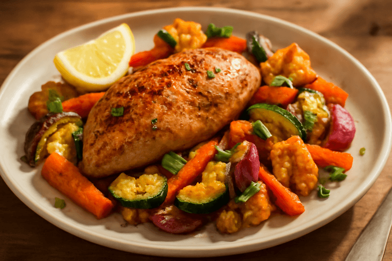 Ugnsbakad kycklingfilé med rostade grönsaker