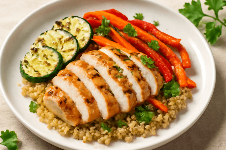 Пилешко филе на скара с печени зеленчуци и киноа