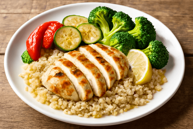 Piept de pui la grătar cu legume coapte și quinoa