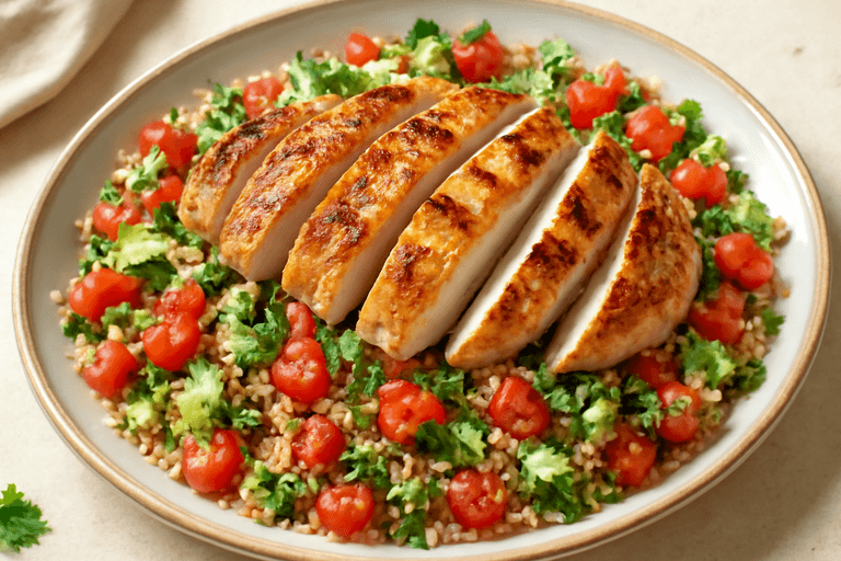 Piept de pui la grătar cu salată crocantă și quinoa