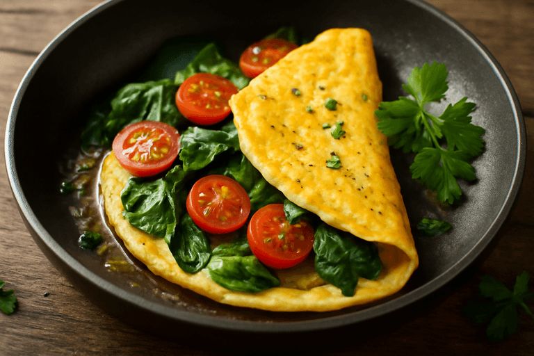 Klassisk omelett med spenat och tomat