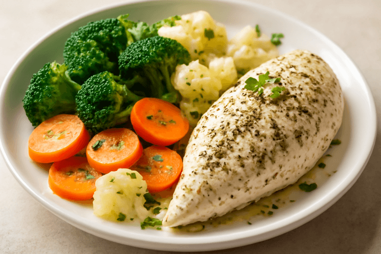 Куриная грудка с овощами на пару и травами