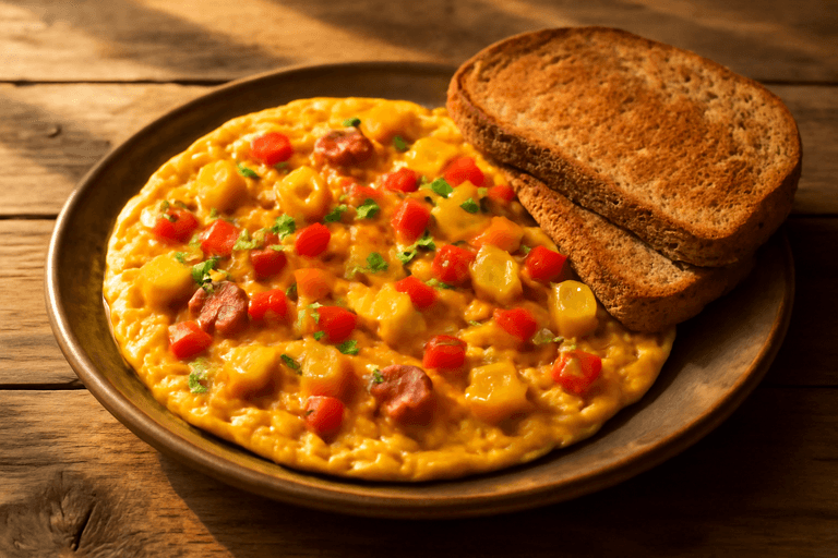 Klassisches Energie-Frühstück: Proteinreiches Bauernomelett mit Vollkorntoast