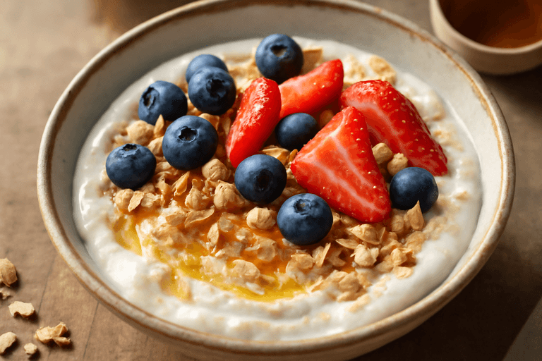 Power-Frühstücks-Bowl mit Quark und Beeren
