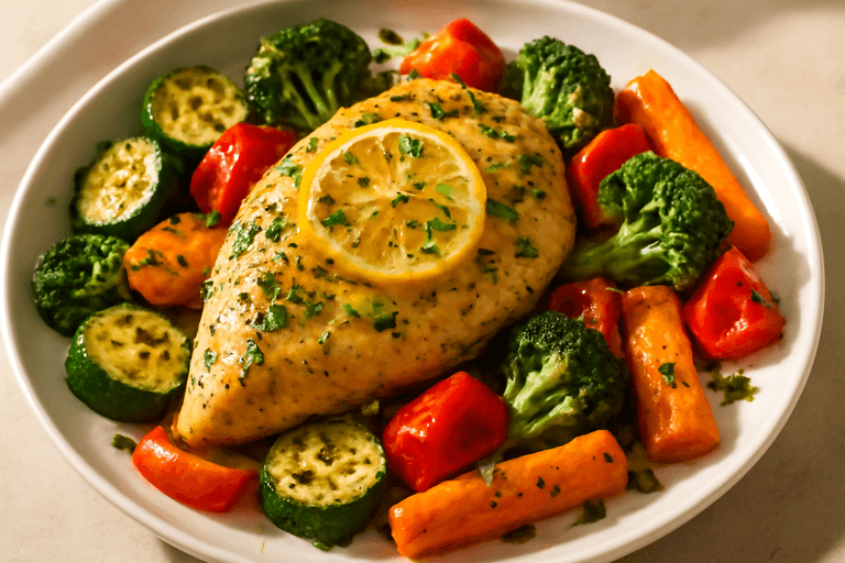 Leichtes Zitronen-Kräuter-Hähnchen mit Ofengemüse
