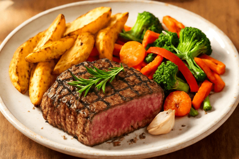 Deftiges Rindersteak mit Ofenkartoffeln und buntem Gemüse