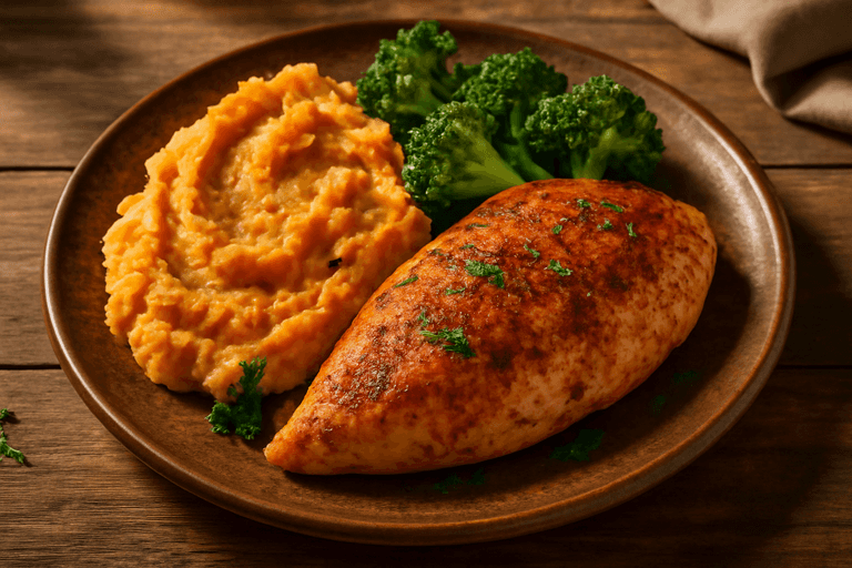 Proteinreiches Hähnchenfilet mit Süßkartoffelstampf und Brokkoli