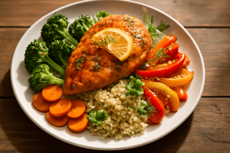 Запечённая куриная грудка с овощами и киноа