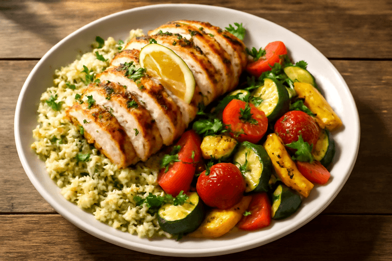 Grilled Lemon Herb Chicken with Quinoa & Roasted Vegetables