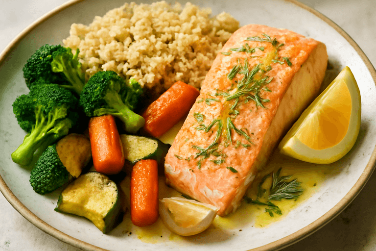 Ovnsbakt laks med grønnsaker og quinoa