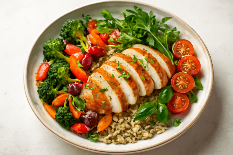 Kyllingsalat med Ovnsbakte Grønnsaker og Fullkornsris