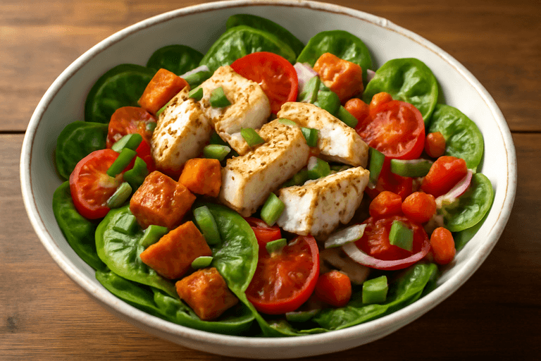 Proteinrik kyllingsalat med ovnsbakte grønnsaker