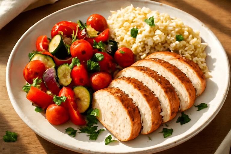 Pui la cuptor cu legume mediteraneene și orez integral