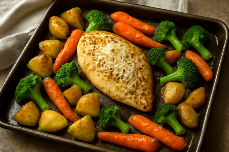 Pollo clásico al horno con papas y verduras