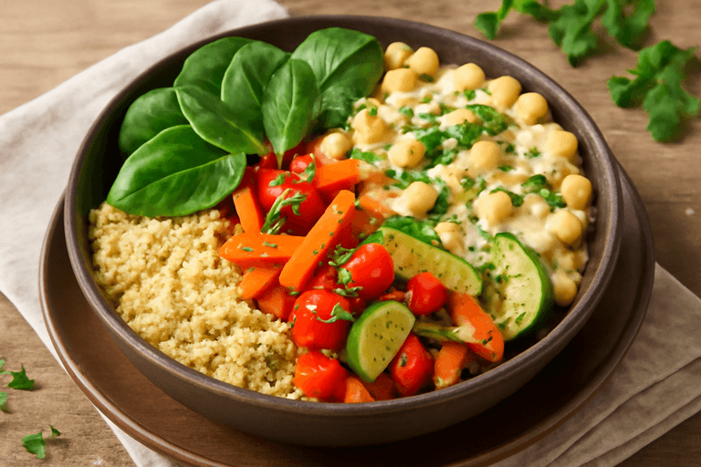 Bunte Quinoa-Gemüse-Bowl mit Tahini-Dressing