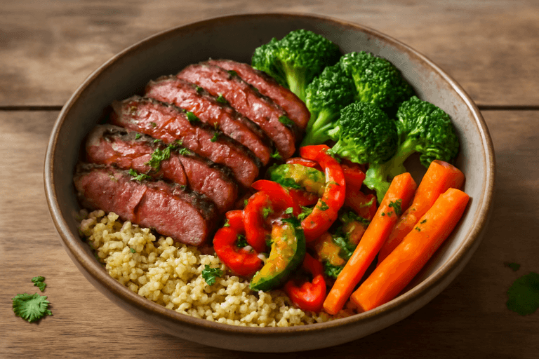 Herzhafte Rindersteak-Bowl mit Gemüse und Quinoa