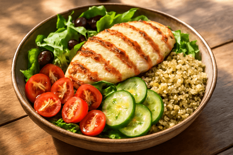 Salată clasică cu piept de pui la grătar și quinoa