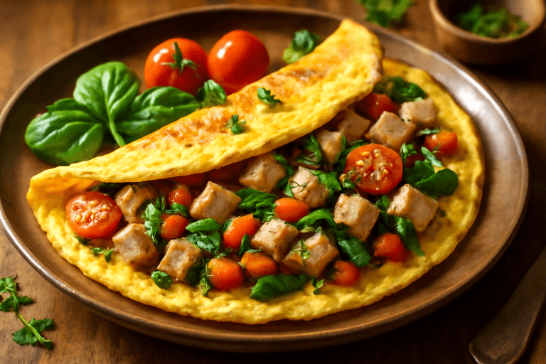 Сытный омлет с овощами и куриной грудкой