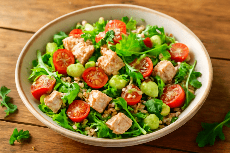 Легкий куриный салат с гречкой и овощами