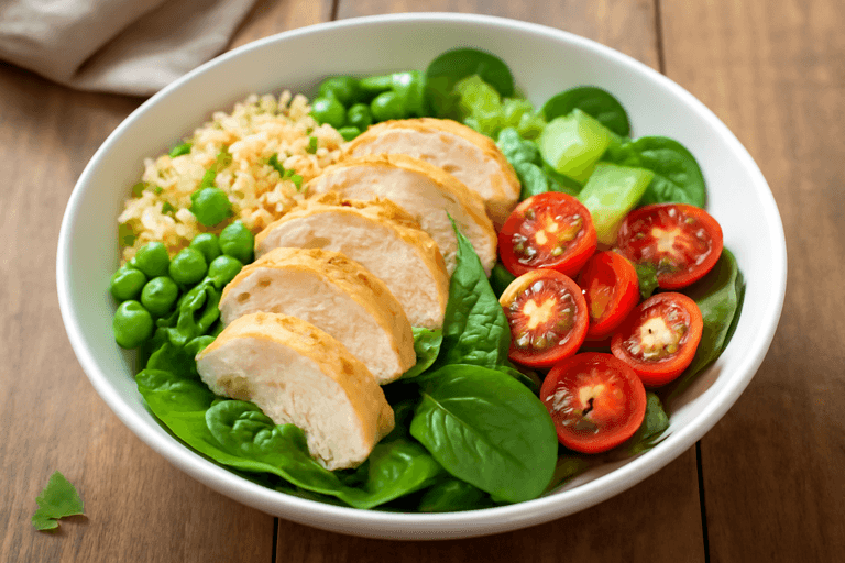 Куриный салат с киноа и зелёным горошком