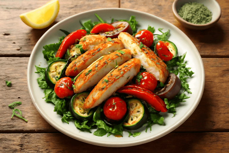 Lett kyllingsalat med ovnsbakte grønnsaker