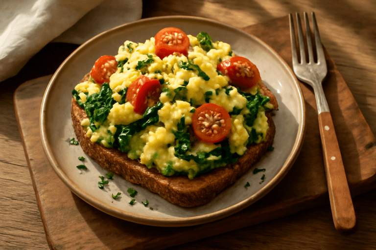 Kraftvolles Frühstücks-Rührei mit Vollkornbrot & Avocado