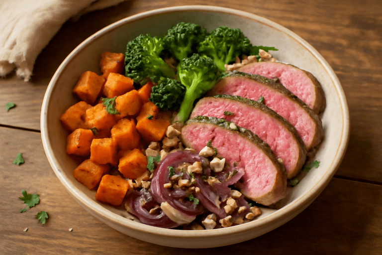 Herzhafte Rinder-Steak-Bowl mit Süßkartoffeln und Brokkoli