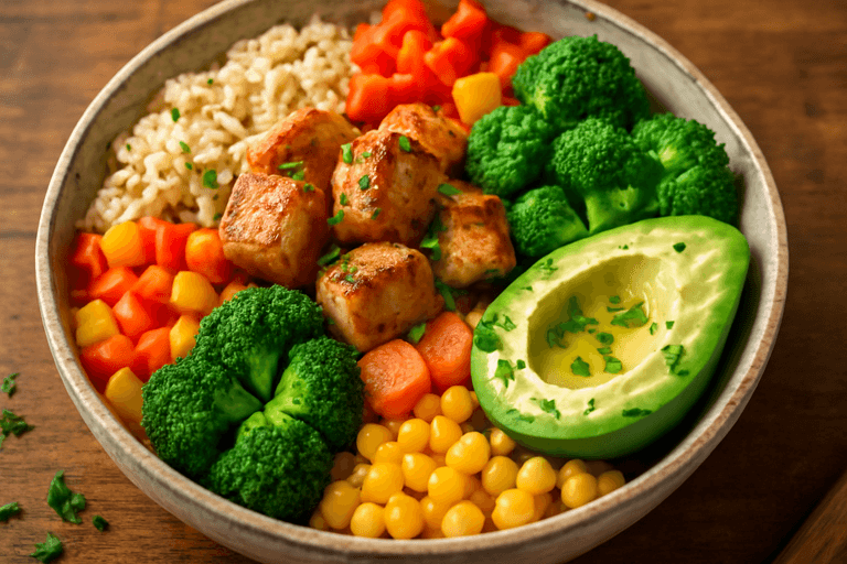 Power-Hähnchen-Bowl mit Vollkornreis und Gemüse