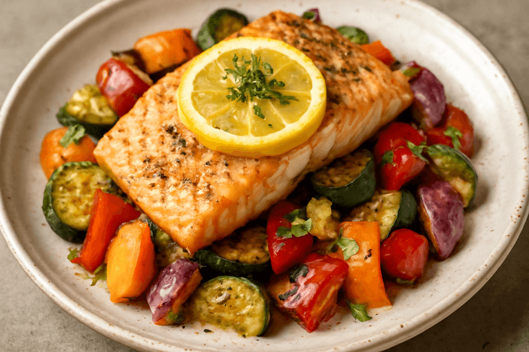 Salmón al Horno con Verduras Mediterráneas