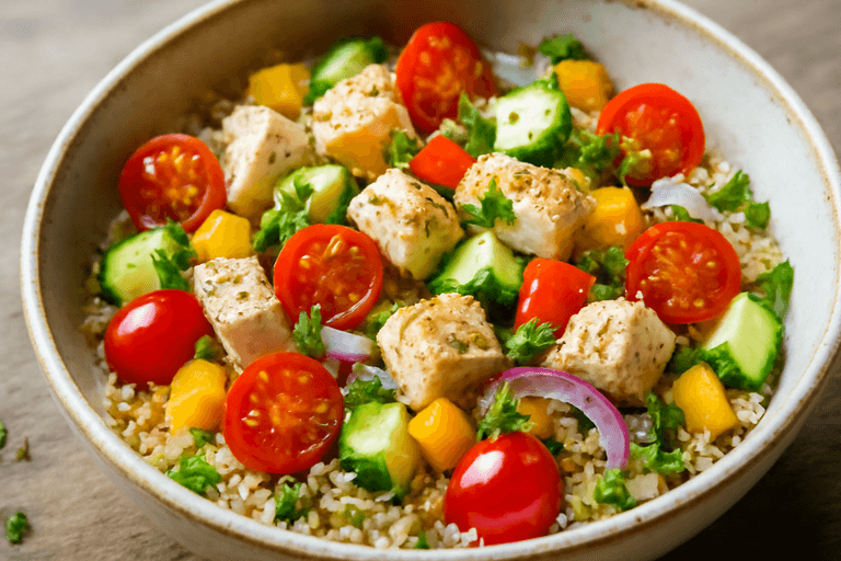 Куриный салат с киноа и свежими овощами